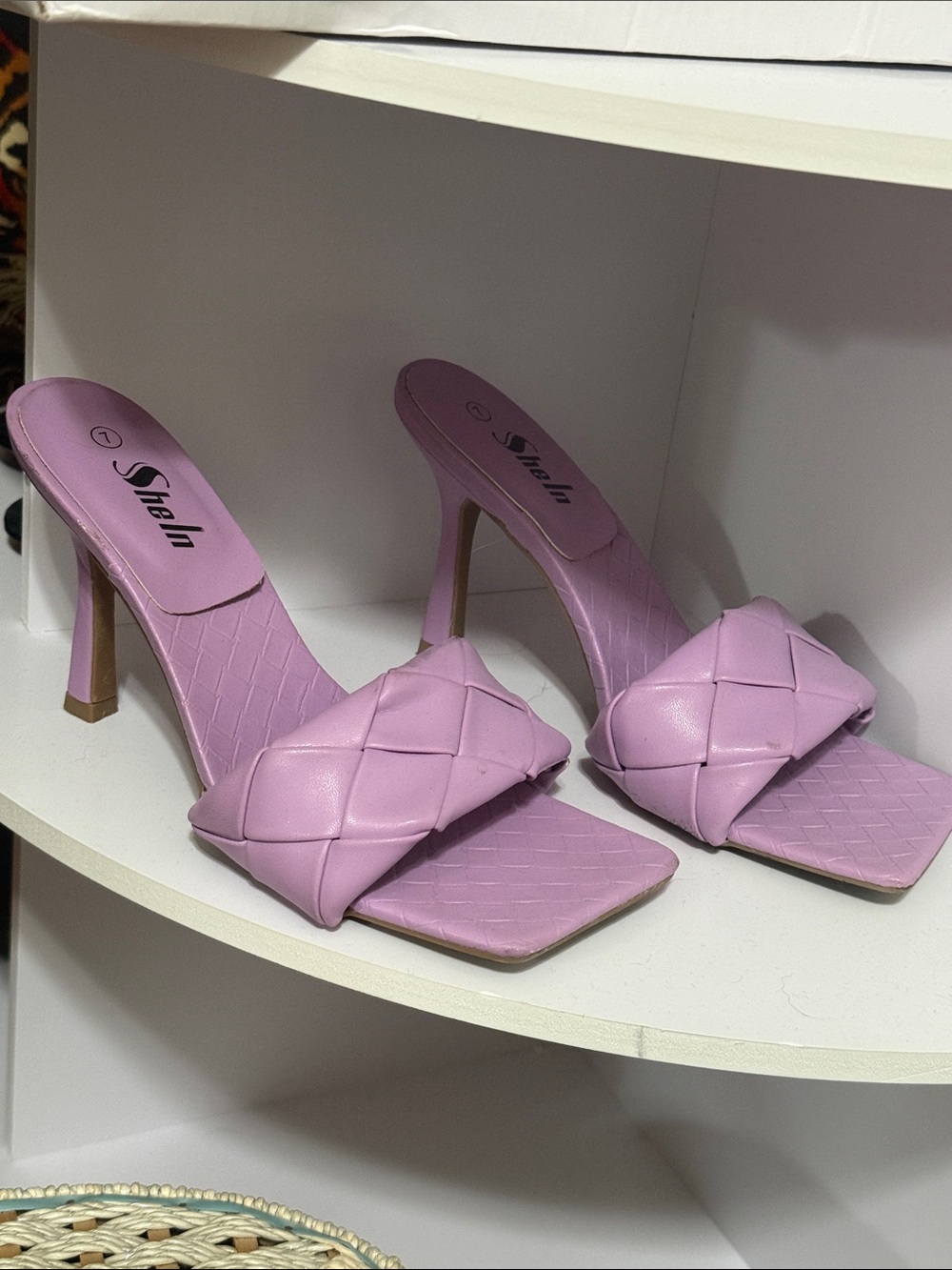 SHEIN Lavender Woven Strap Square Toe High Heel Slides